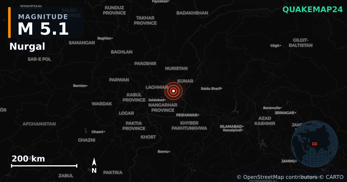 M5.1 earthquake near Nurgal on Sep 5, 2025 — map of epicenter and shaking intensity | QuakeMap24