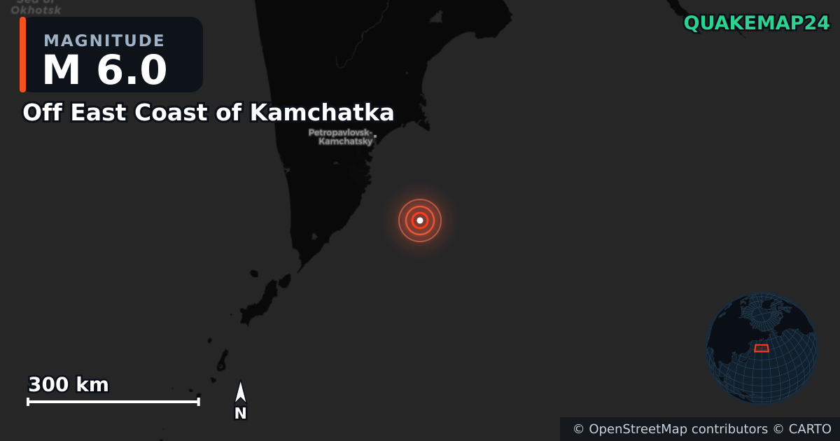 Off East Coast of Kamchatka yakınında M6,0 deprem — Deprem merkez üssünün konumunu gösteren harita