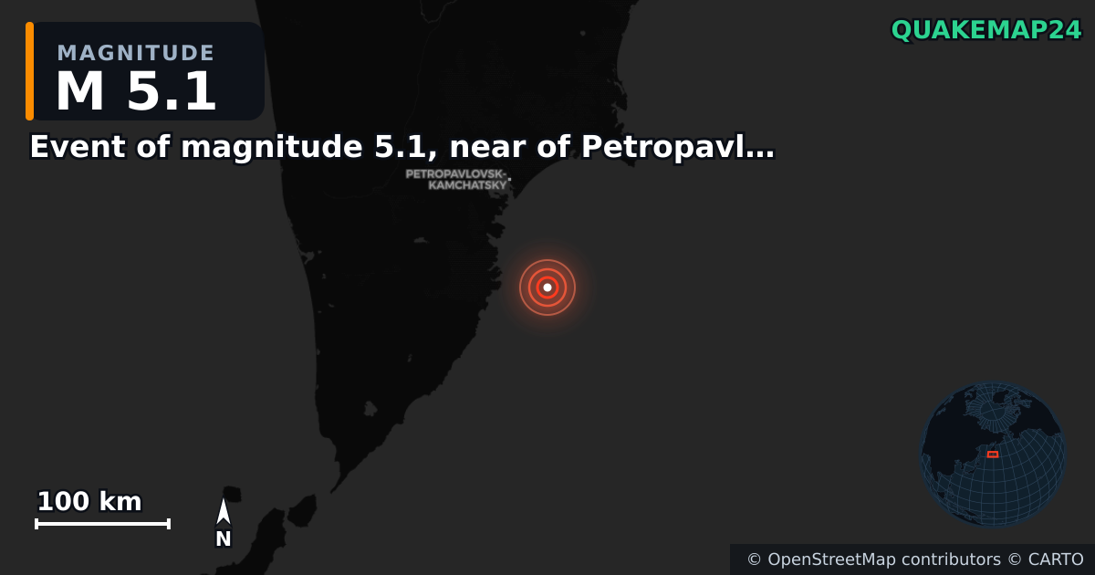 M5.1 earthquake near Event of magnitude 5.1, near of Petropavlovsk Kamchatskiy (Monde) on Mar 1, 2026 — map of epicenter and shaking intensity | QuakeMap24