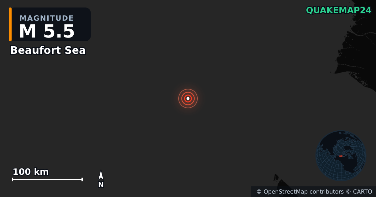 Terremoto de M5,5 cerca de Beaufort Sea — Mapa de la ubicación del epicentro