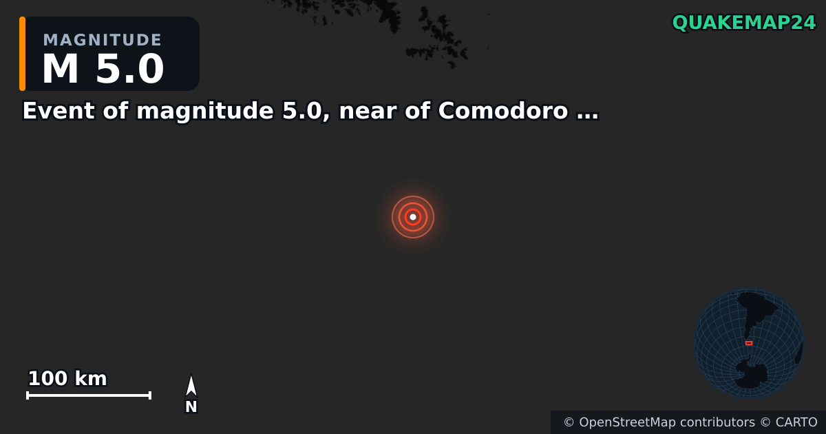 Event of magnitude 5.0, near of Comodoro Rivadavia (Monde) yakınında M5,0 deprem — Deprem merkez üssünün konumunu gösteren harita