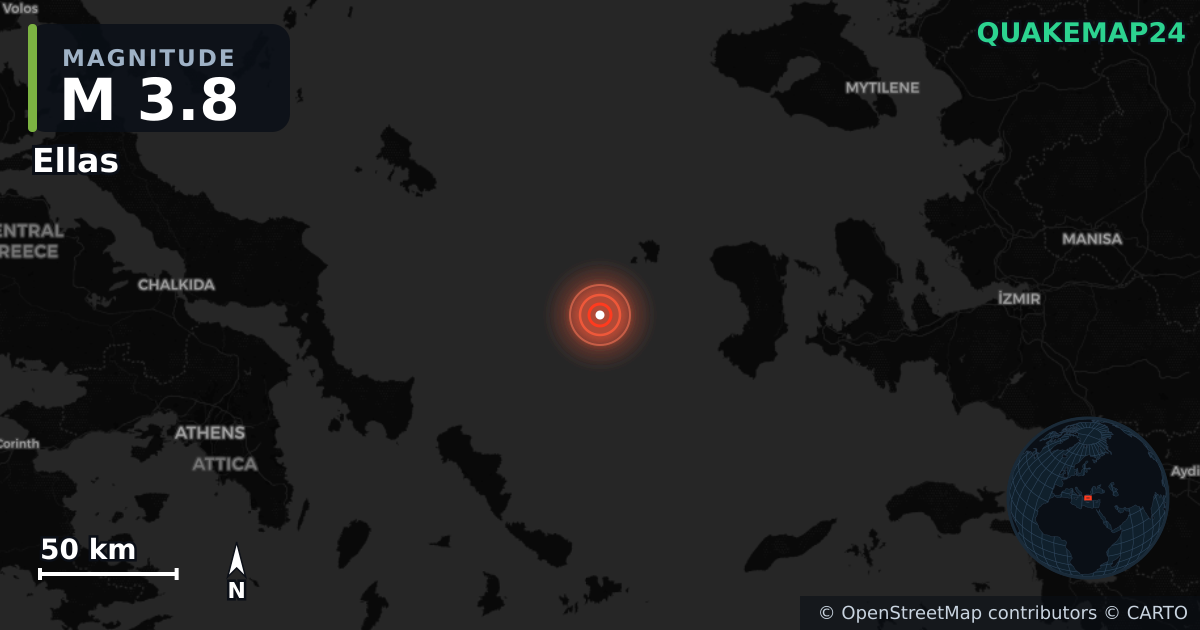 M3.8 earthquake near Ellas on Jan 17, 2026 — map of epicenter and shaking intensity | QuakeMap24
