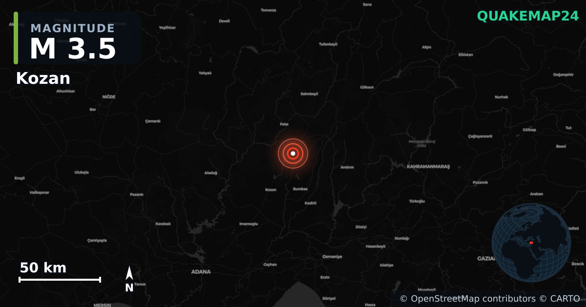 M3.5 earthquake near Kozan on Jun 14, 2025 — map of epicenter and shaking intensity | QuakeMap24