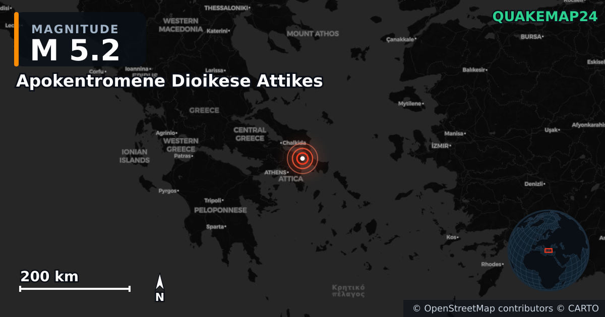 M5.2 earthquake near Apokentromene Dioikese Attikes on Sep 8, 2025 — map of epicenter and shaking intensity | QuakeMap24