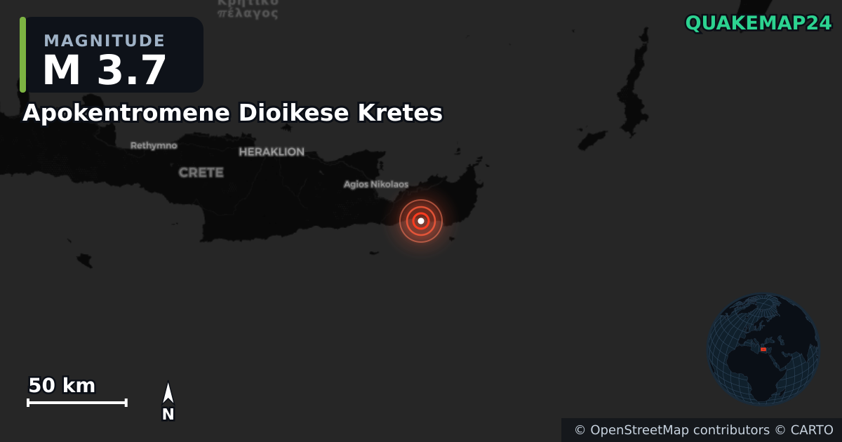 M3.7 earthquake near Apokentromene Dioikese Kretes on Nov 19, 2025 — map of epicenter and shaking intensity | QuakeMap24