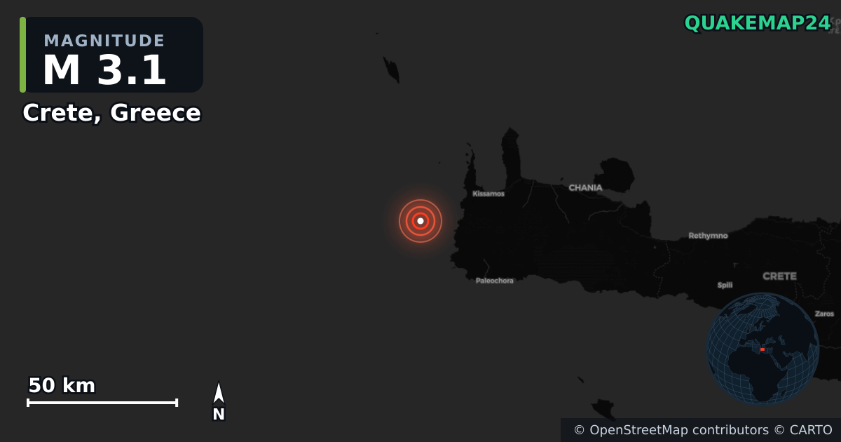 M3.1 earthquake near Crete, Greece on Sep 1, 2025 — map of epicenter and shaking intensity | QuakeMap24