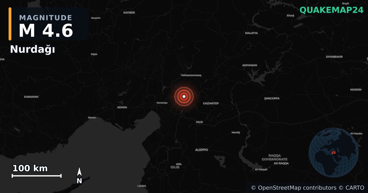 M4.6 earthquake near Nurdağı on Nov 20, 2025 — map of epicenter and shaking intensity | QuakeMap24