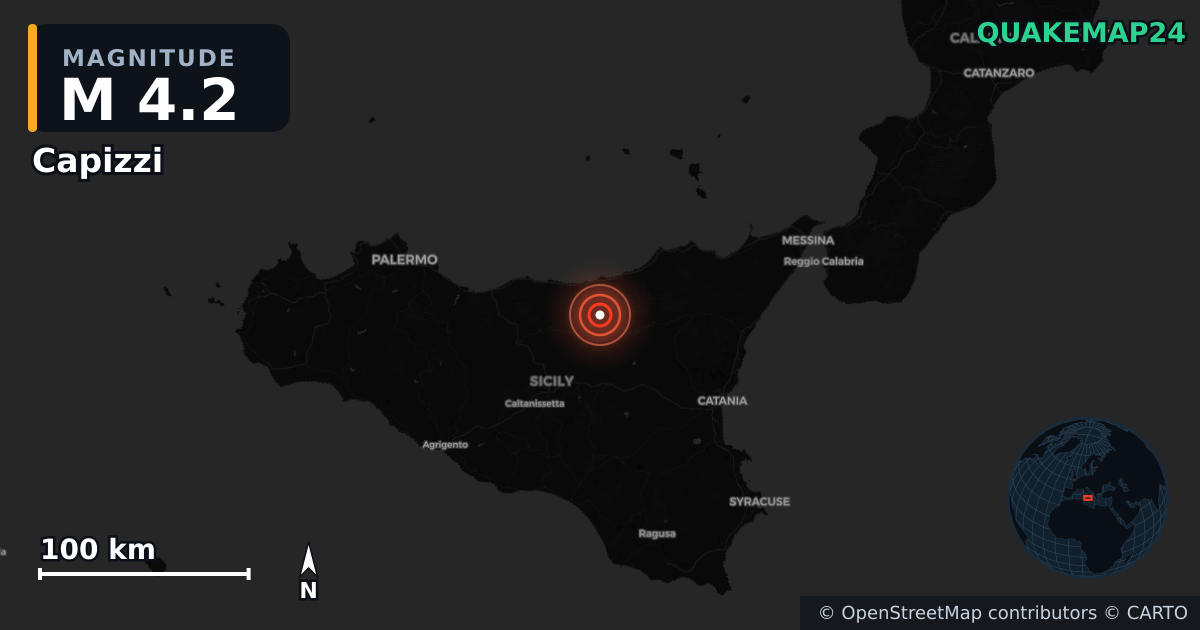 M4.2 earthquake near Capizzi on Mar 21, 2026 — map of epicenter and shaking intensity | QuakeMap24