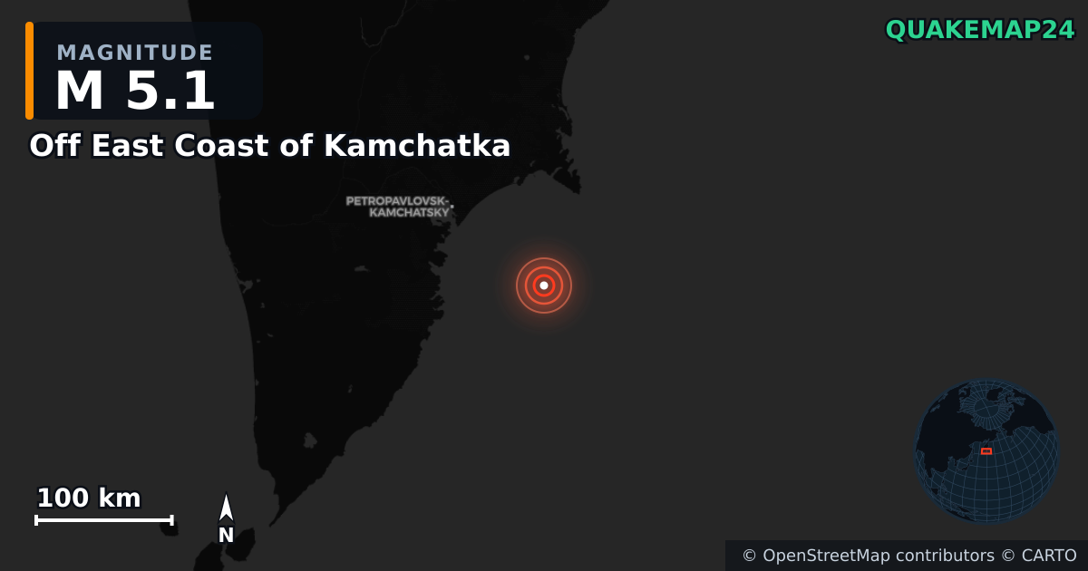 M5.1 earthquake near Off East Coast of Kamchatka on Nov 3, 2025 — map of epicenter and shaking intensity | QuakeMap24