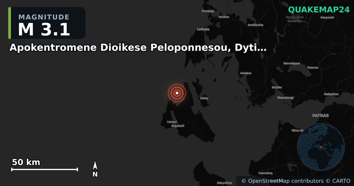 M3.1 earthquake near Apokentromene Dioikese Peloponnesou, Dytikes Elladas kai Ioniou on Sep 17, 2025 — map of epicenter and shaking intensity | QuakeMap24