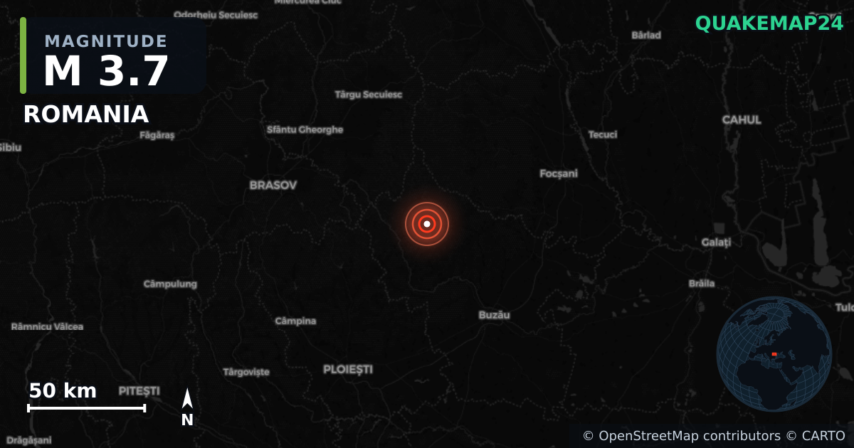 M3.7 earthquake near ROMANIA on Jul 12, 2025 — map of epicenter and shaking intensity | QuakeMap24