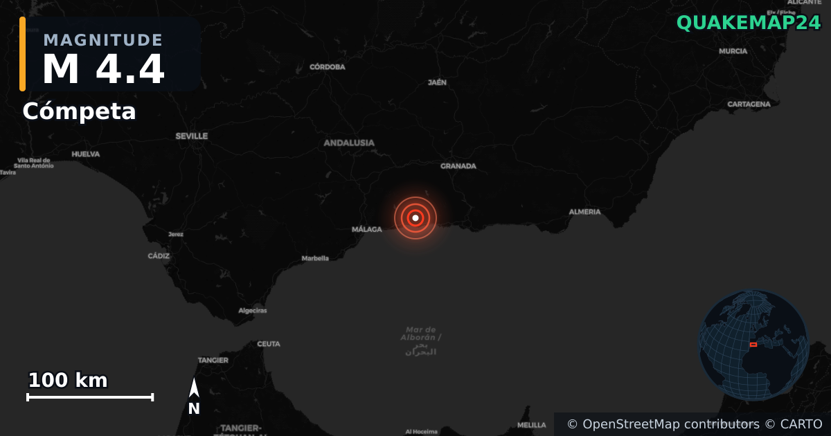 M4.4 earthquake near Cómpeta on Jul 26, 2026 — map of epicenter and shaking intensity | QuakeMap24