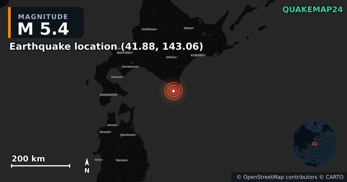 M5.4 earthquake near Deprem konumu (41.88, 143.06) on Dec 8, 2025 — map of epicenter and shaking intensity | QuakeMap24