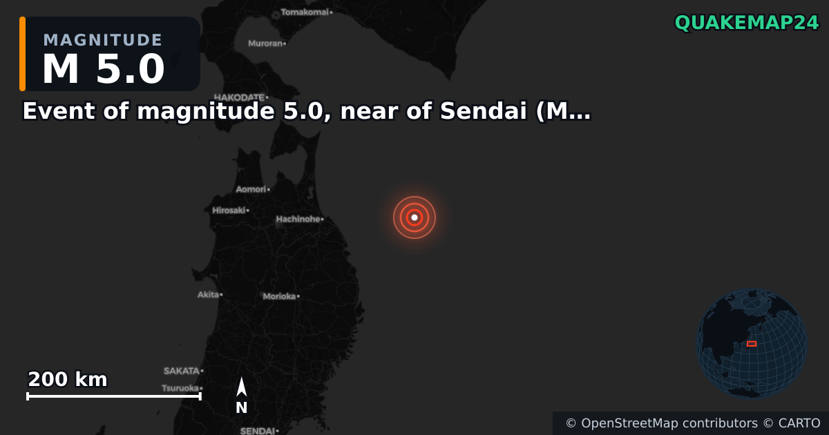 M5.0 earthquake near Event of magnitude 5.0, near of Sendai (Monde) on Feb 23, 2026 — map of epicenter and shaking intensity | QuakeMap24