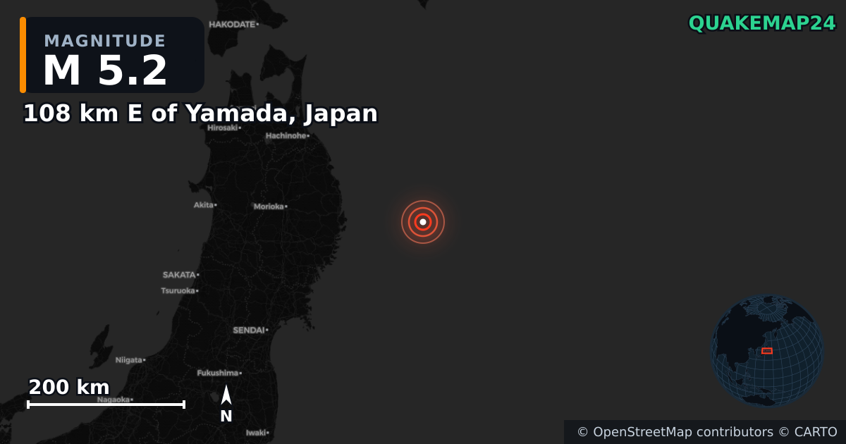 M5.2 earthquake near 108 km E of Yamada, Japan on Nov 10, 2025 — map of epicenter and shaking intensity | QuakeMap24