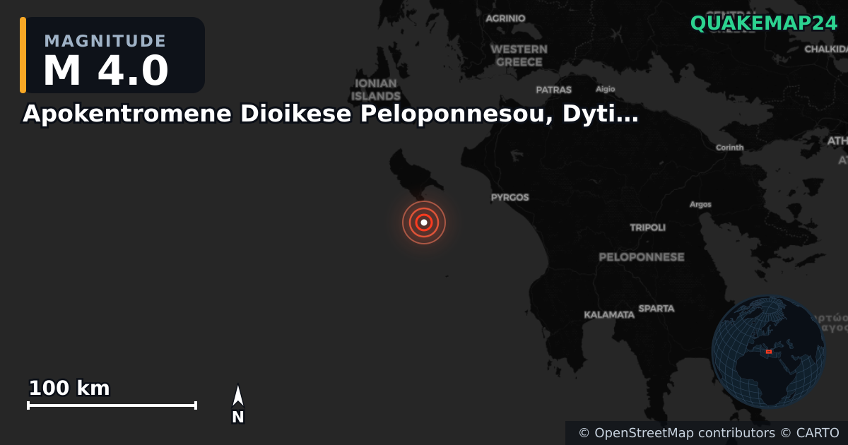 M4.0 earthquake near Apokentromene Dioikese Peloponnesou, Dytikes Elladas kai Ioniou on Sep 28, 2025 — map of epicenter and shaking intensity | QuakeMap24