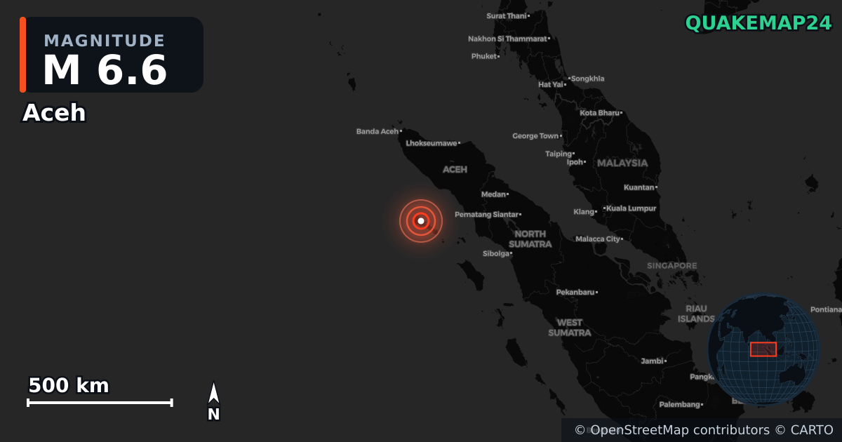 M6.6 earthquake near Aceh on Nov 27, 2025 — map of epicenter and shaking intensity | QuakeMap24