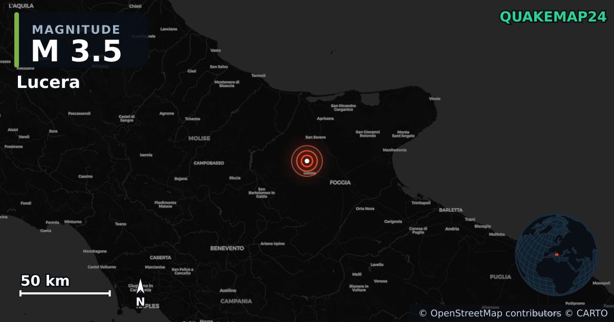 Sismo de M3,5 perto de Lucera, Apulia (Itália) · 2026-04-04 — Mapa da localização do epicentro