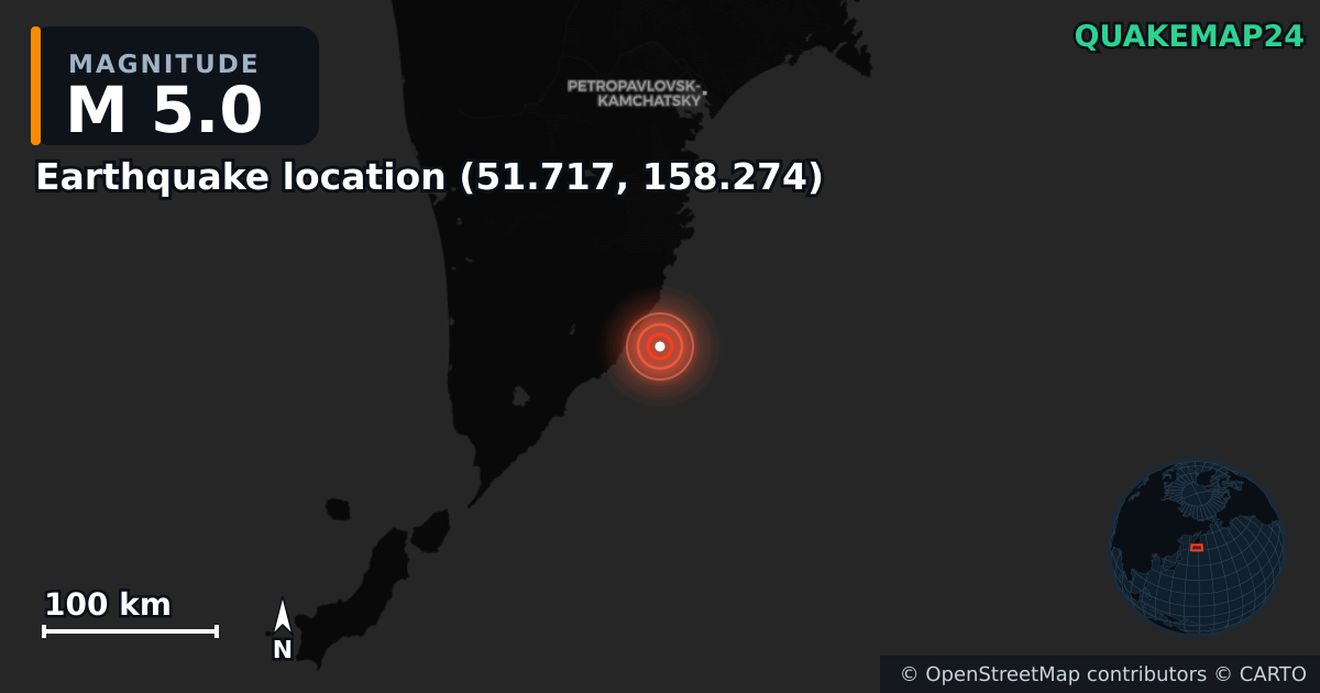 M5.0 earthquake near Deprem konumu (51.717, 158.274) on Oct 18, 2025 — map of epicenter and shaking intensity | QuakeMap24