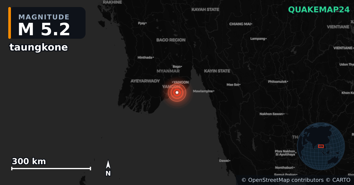 M5.2 earthquake near taungkone on May 18, 2026 — map of epicenter and shaking intensity | QuakeMap24