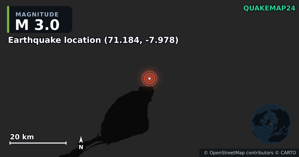 M3.0 earthquake near Earthquake location (71.184, -7.978) on Oct 5, 2025 — map of epicenter and shaking intensity | QuakeMap24