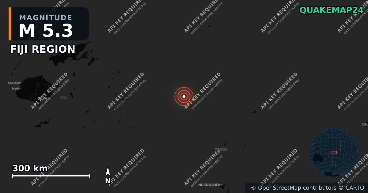 M5.3 earthquake near FIJI REGION on May 27, 2026 — map of epicenter and shaking intensity | QuakeMap24