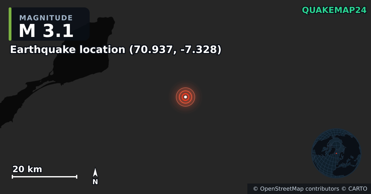 M3.1 earthquake near Earthquake location (70.937, -7.328) on Mar 10, 2025 — map of epicenter and shaking intensity | QuakeMap24
