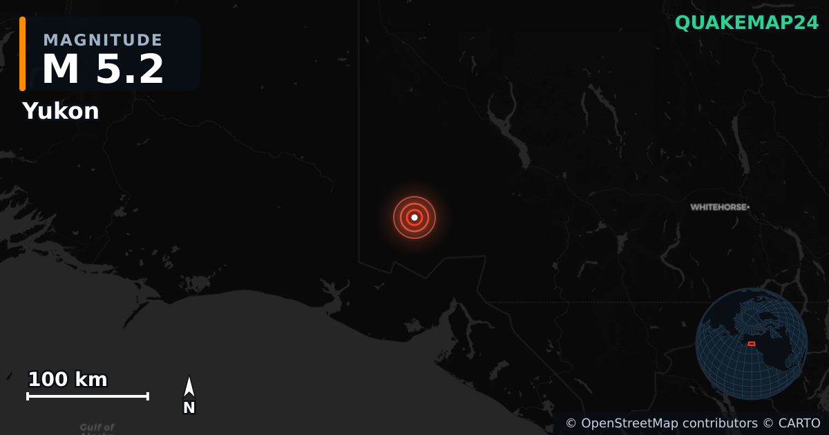 M5.2 earthquake near Yukon on Dec 7, 2025 — map of epicenter and shaking intensity | QuakeMap24