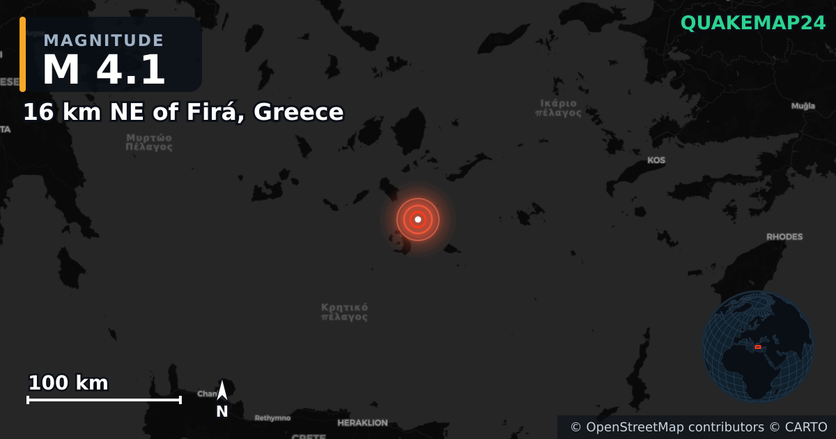 M4.1 earthquake near 16 km NE of Firá, Greece on Feb 4, 2025 — map of epicenter and shaking intensity | QuakeMap24
