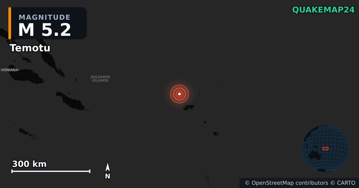 M5.2 earthquake near Temotu on Sep 12, 2025 — map of epicenter and shaking intensity | QuakeMap24