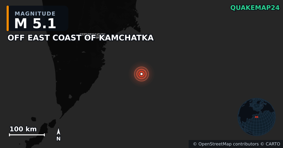 M5.1 earthquake near OFF EAST COAST OF KAMCHATKA on Jul 30, 2025 — map of epicenter and shaking intensity | QuakeMap24