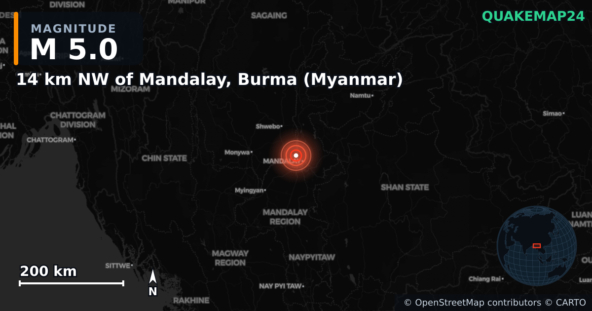 M5.0 earthquake near 14 km NW of Mandalay, Burma (Myanmar) on Apr 1, 2025 — map of epicenter and shaking intensity | QuakeMap24