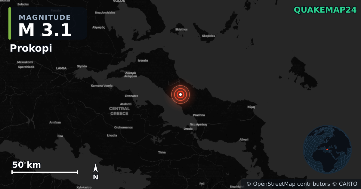 M3.1 earthquake near Prokopi on Jun 7, 2026 — map of epicenter and shaking intensity | QuakeMap24