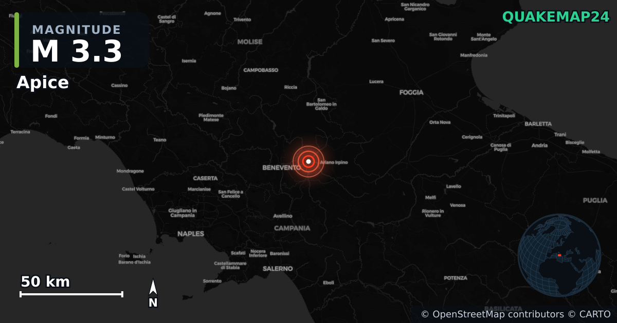 M3.3 earthquake near Apice on Jul 12, 2026 — map of epicenter and shaking intensity | QuakeMap24