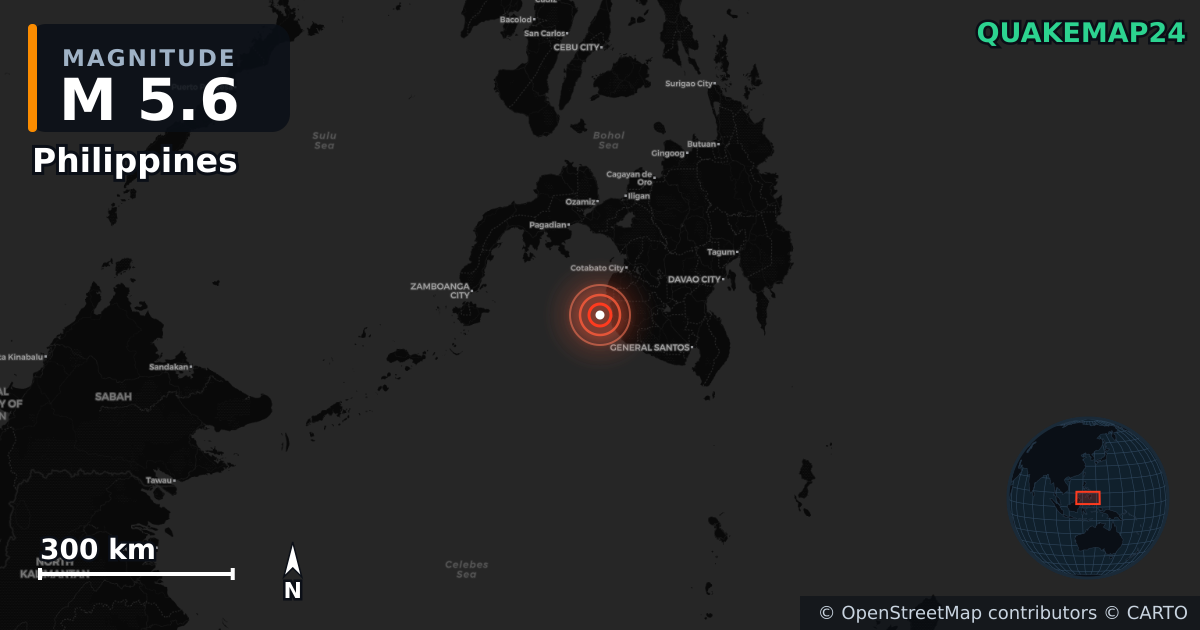M5.6 earthquake near Philippines on Jan 28, 2026 — map of epicenter and shaking intensity | QuakeMap24