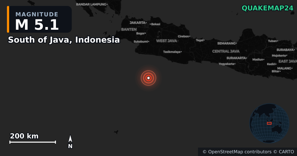 M5.1 earthquake near South of Java, Indonesia on Jun 18, 2025 — map of epicenter and shaking intensity | QuakeMap24