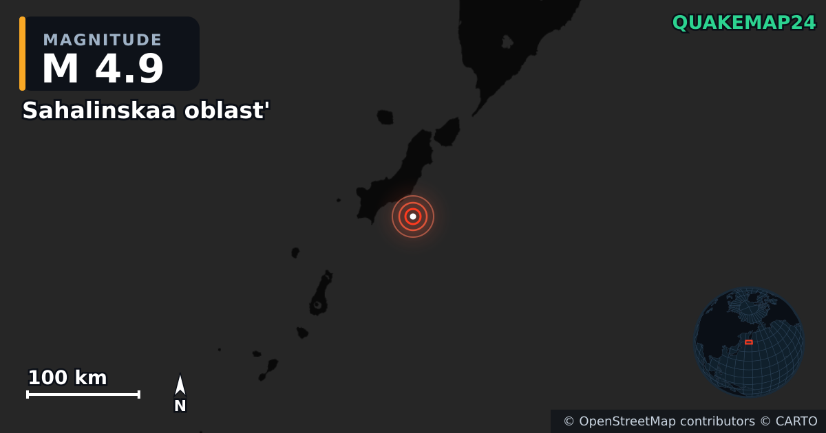 M4.9 earthquake near Sahalinskaa oblast' on Sep 7, 2025 — map of epicenter and shaking intensity | QuakeMap24