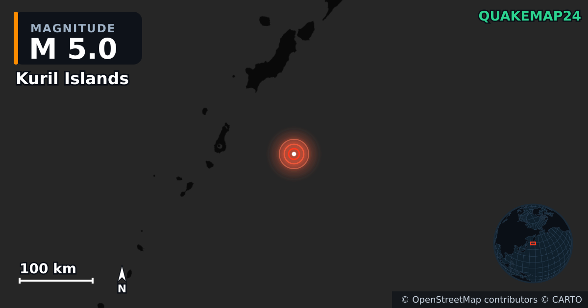 M5.0 earthquake near Kuril Islands on Mar 19, 2026 — map of epicenter and shaking intensity | QuakeMap24