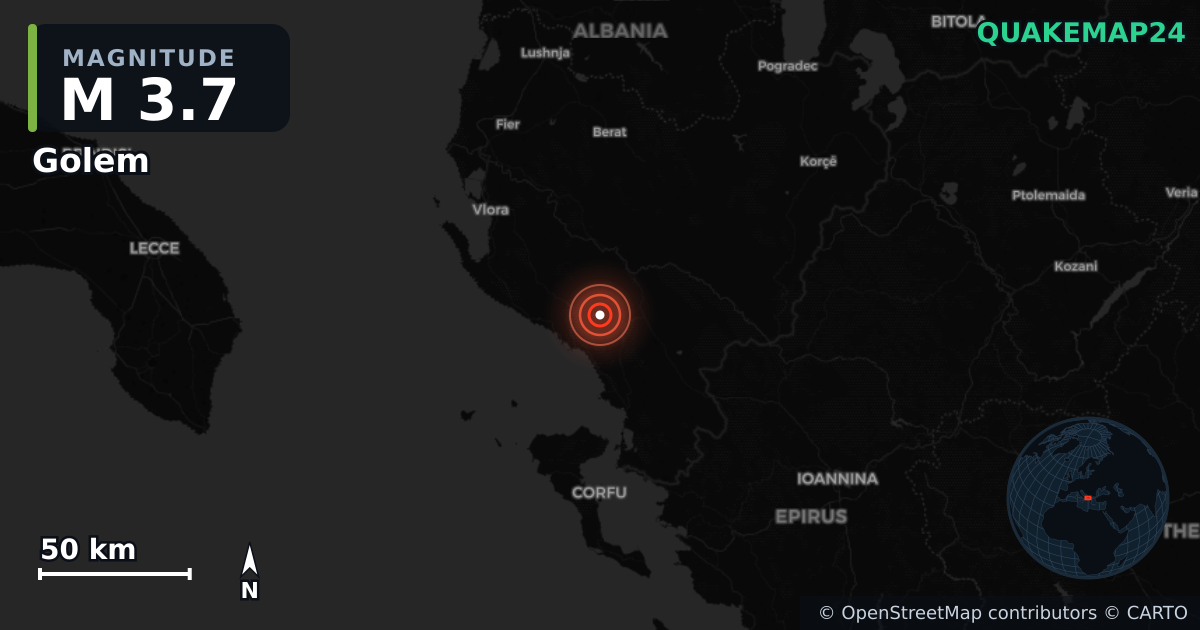M3.7 earthquake near Golem on Jun 19, 2026 — map of epicenter and shaking intensity | QuakeMap24