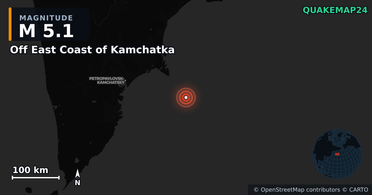 M5.1 Earthquake near Off East Coast of Kamchatka · 2025-07-22 — Map showing the location of the epicenter