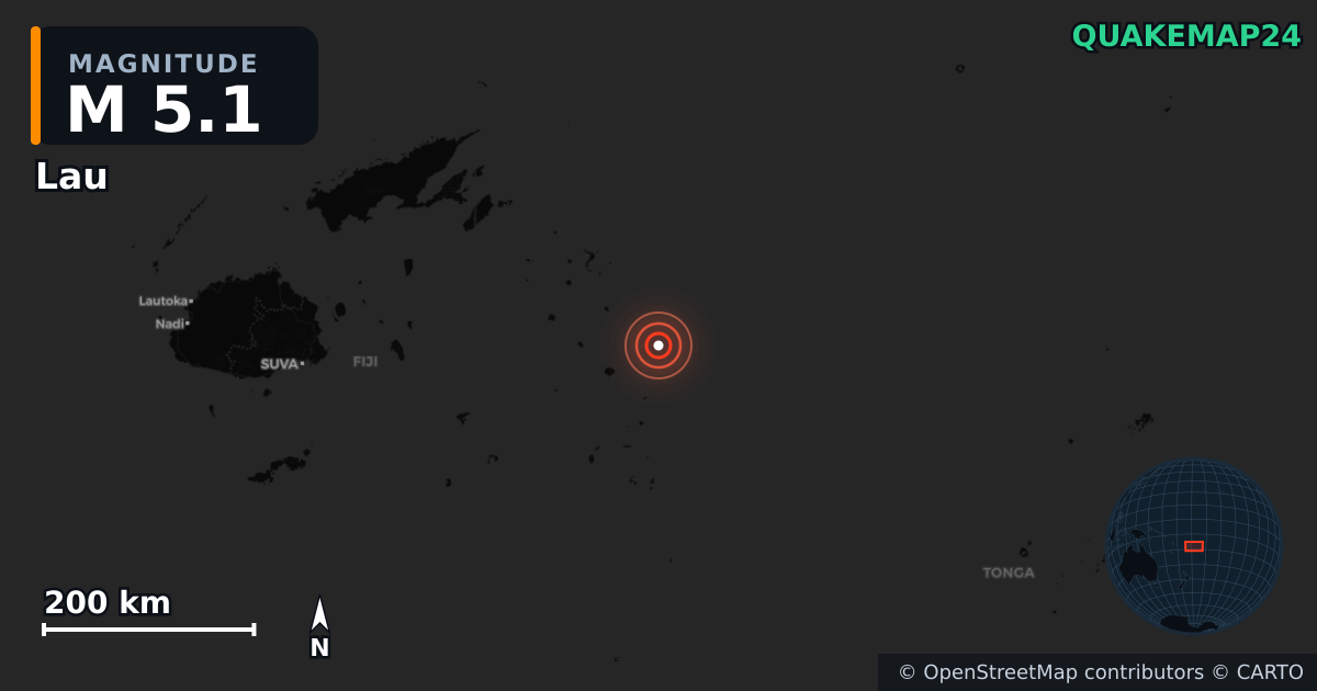 M5.1 earthquake near Lau on Feb 28, 2026 — map of epicenter and shaking intensity | QuakeMap24