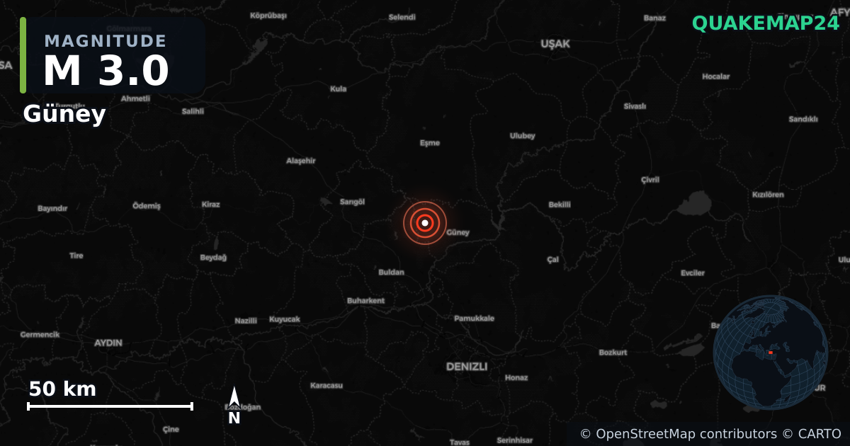 M3.0 earthquake near Güney on Sep 23, 2025 — map of epicenter and shaking intensity | QuakeMap24