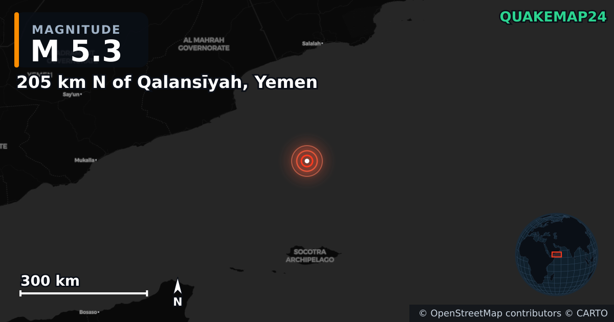 Erdbeben M5,3 bei 205 km N of Qalansīyah, Yemen · 2025-07-23 — Karte der Lage des Epizentrums