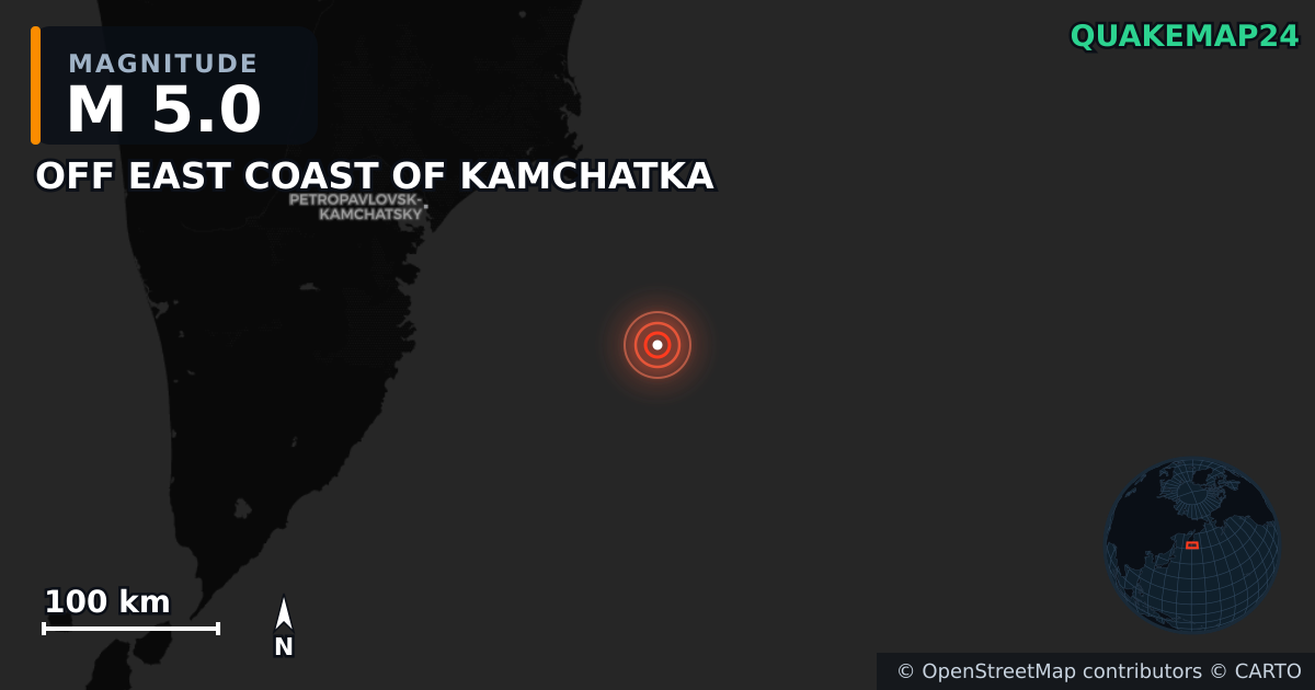 OFF EAST COAST OF KAMCHATKA yakınında M5,0 deprem — Deprem merkez üssünün konumunu gösteren harita