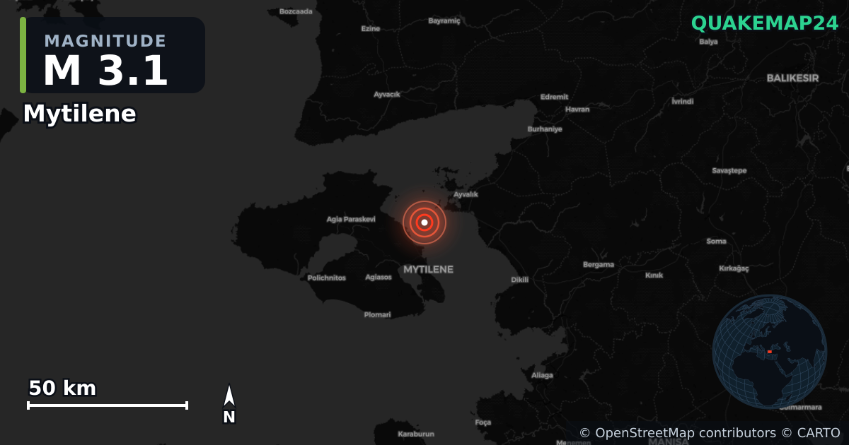 M3.1 earthquake near Mytilene on Nov 10, 2025 — map of epicenter and shaking intensity | QuakeMap24