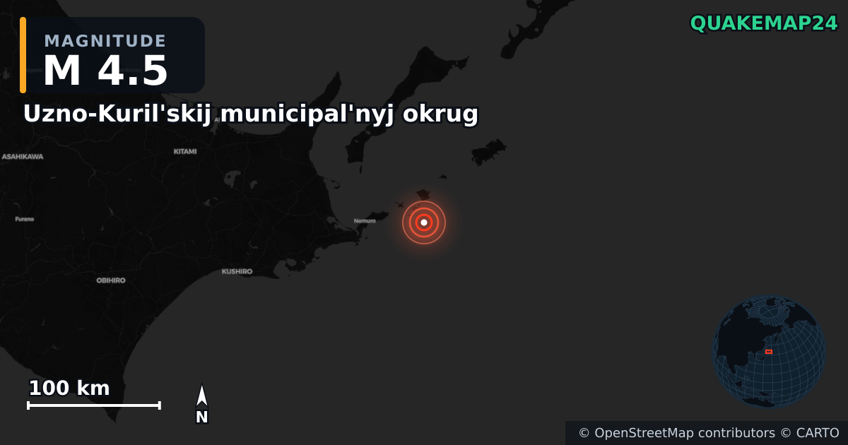 M4.5 earthquake near Uzno-Kuril'skij municipal'nyj okrug on Feb 28, 2026 — map of epicenter and shaking intensity | QuakeMap24
