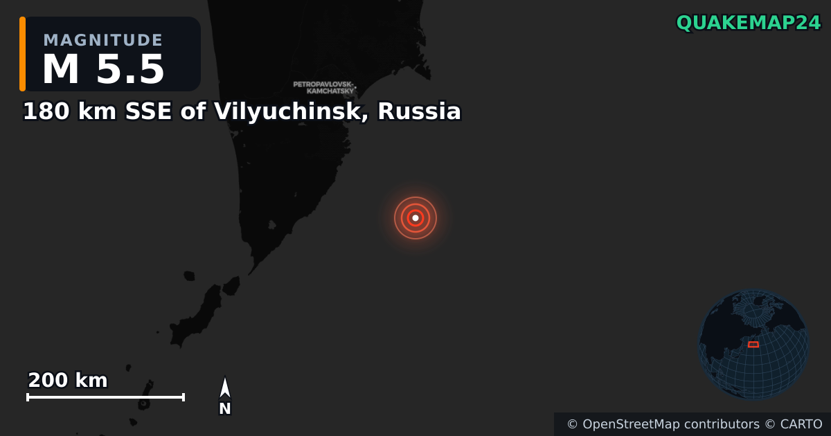 M5.5 earthquake near 180 km SSE of Vilyuchinsk, Russia on Aug 6, 2025 — map of epicenter and shaking intensity | QuakeMap24