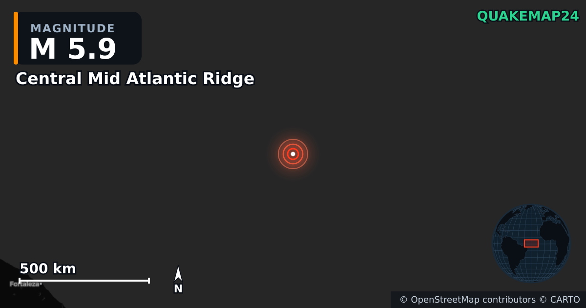M5.9 earthquake near Central Mid Atlantic Ridge on Mar 28, 2025 — map of epicenter and shaking intensity | QuakeMap24