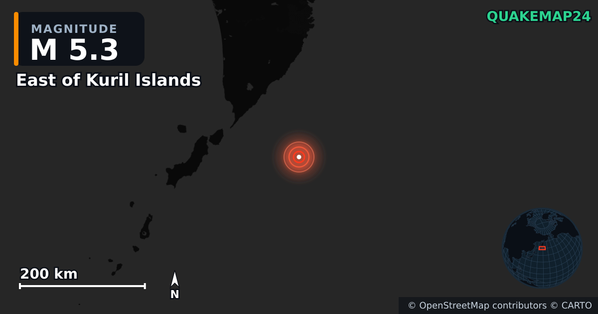 M5.3 earthquake near East of Kuril Islands on Aug 5, 2025 — map of epicenter and shaking intensity | QuakeMap24