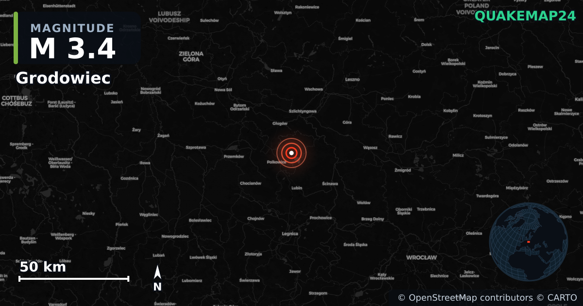 M3.4 earthquake near Grodowiec on Jul 18, 2026 — map of epicenter and shaking intensity | QuakeMap24